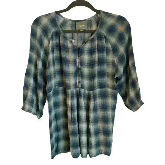 Maeve Anthropologie Small Blue Plaid Blouse Button Up Long Sleeve Top Round Neck - Picture 1 of 7